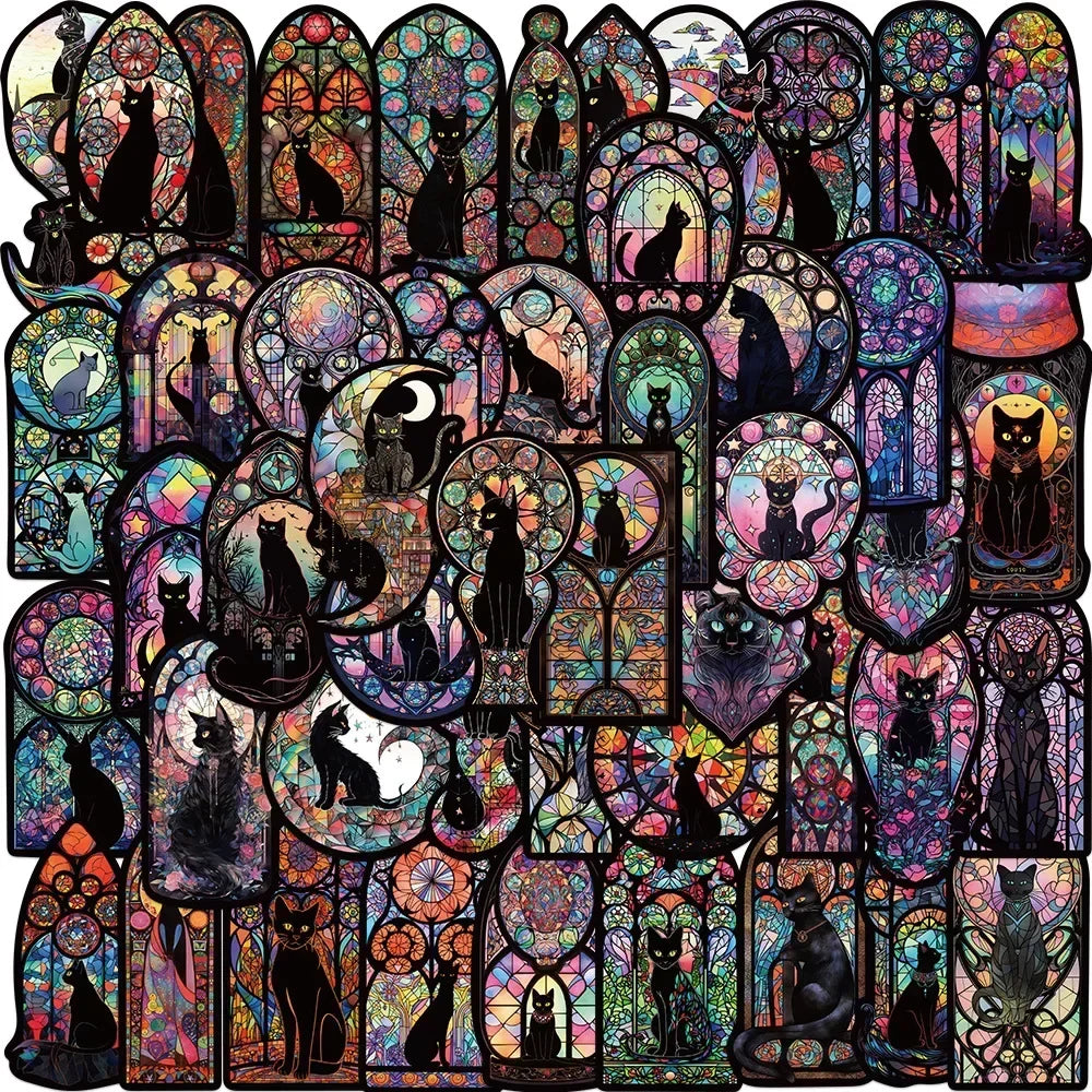 50PCS Gothic Dark Black Cat Moon Stickers Cool Halloween Tarot Goth Decals Toy DIY Scrapbook Bottle Phone Luggage Car Sticker (Online Order Only)
