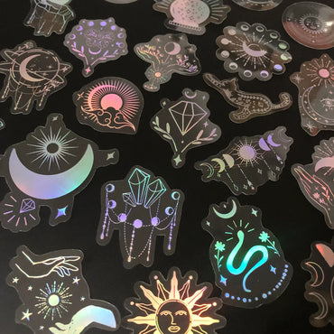 100pcs Waterproof Transparent PET Laser Silver Stickers: Moon, Sun, Diamond, Feather Bohemian Style (ONLINE ORDER ONLY)