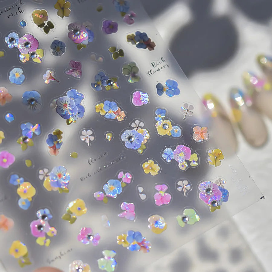 Colorful Embroidery Peony Pearl Full-blown Flower Rhinestone Chinese Luxury Relief Self Adhesive Nail Art Sticker Manicure Decal (Online Order Only)