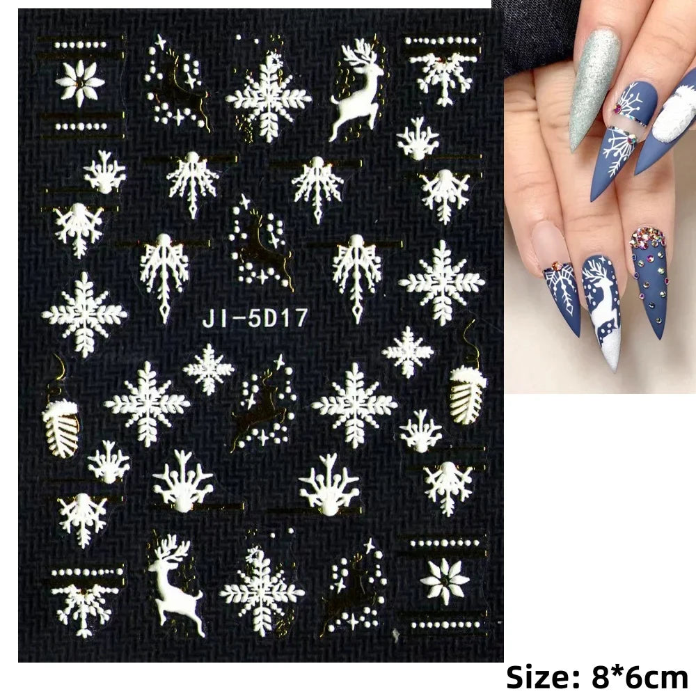Cute Deer Christmas Nail Stickers 5D Embossed Elk Star Gingerbread Man Snowflake Santa Claus Holly DIY Winter Engraved Manicure* (ONLINE ORDER ONLY)