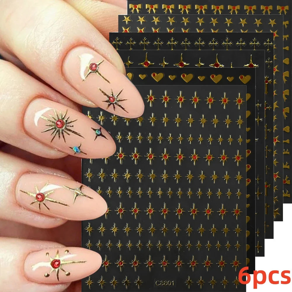 6 Sheets Moon/Star Nail Art Sticker Adhesive Gold Color Sticker Sheets Universal Constellation Shapes Sticker Art Decoration (ONLINE ORDER ONLY)