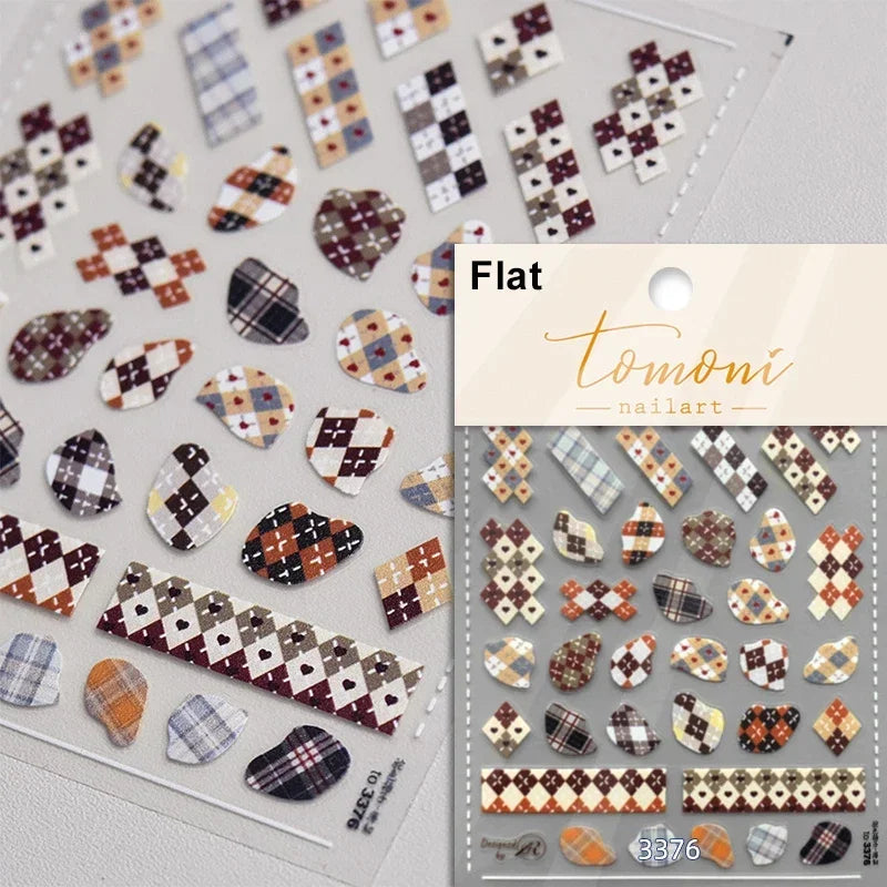 French Style Colorful Square Grid Rhombus Stripe Bowknot Line 3D Self Adhesive Nail Art Stickers Shiny Rhinestone Manicure Decal (Online Order Only)