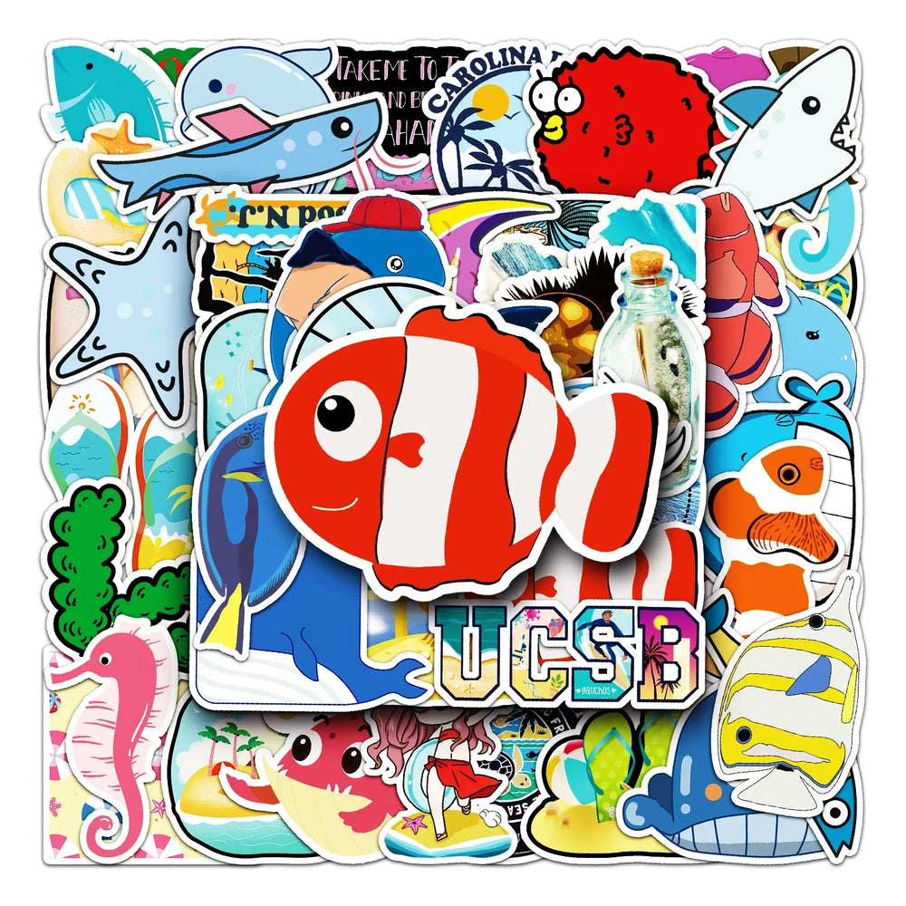 50Pcs Ocean Cartoon Waterproof Vinyl Stickers for Skateboard Snowboard (Online Order Only)