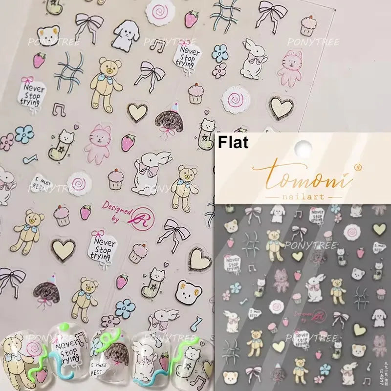 Cute Animals Bear Dog Cake Sweet Cherry Grid Bowknot Star Line Fruit Relief Self Adhesive Nail Art Stickers 3D Manicure Decals (ONLINE ORDER ONLY)