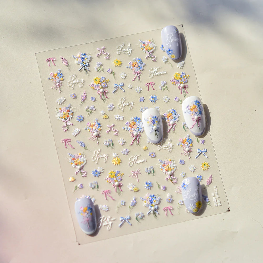 Cute Spring Flowers Purple Blue White Bowknot Rose Garden Daisy 5D Soft Embossed Relief Adhesive Nail Art Sticker Manicure Decal (ONLINE ORDER ONLY)