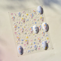 Cute Spring Flowers Purple Blue White Bowknot Rose Garden Daisy 5D Soft Embossed Relief Adhesive Nail Art Sticker Manicure Decal (ONLINE ORDER ONLY)