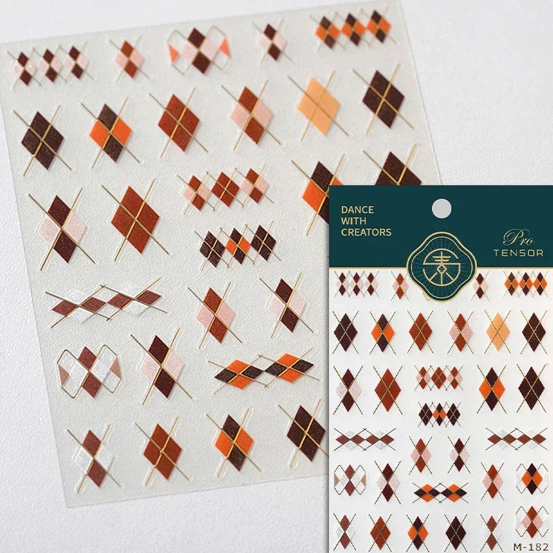 French Style Colorful Square Grid Rhombus Stripe Bowknot Line 3D Self Adhesive Nail Art Stickers Shiny Rhinestone Manicure Decal (Online Order Only)
