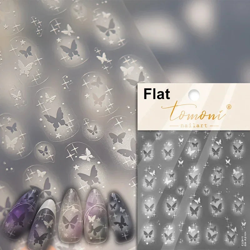 Charming Beautiful Black White Small Butterfly Flower Petal Love Heart Bowknot 5D Self Adhesive Nail Art Sticker Manicure Decals (Online Order Only)