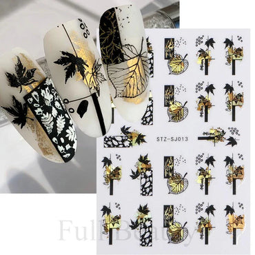 3D Gold Leaf Nail Stickers Black Cotton Flower Decals Manicure Design (Online Order Only)