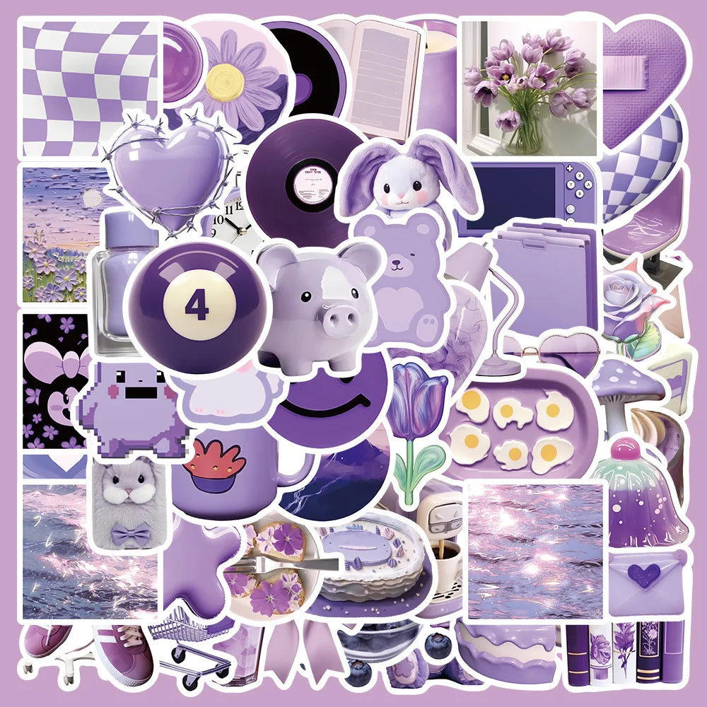 10/30/50PCS Cute Purple Stickers Ins Style Cartoon Decals Graffiti DIY Notebook Phone Skateboard Fridge Guitar Car Kids Toy Gift (ONLINE ORDER ONLY)