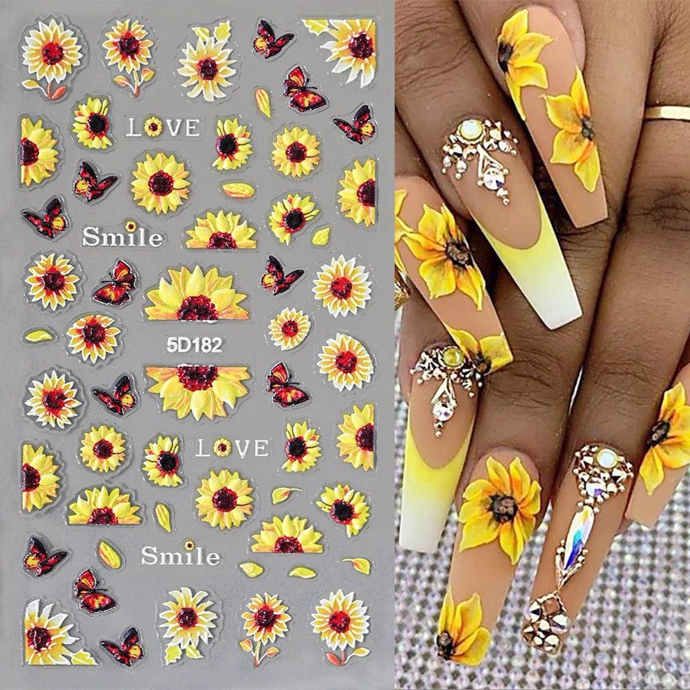 1pc Chic Sunflower 5D Nail Art Stickers Self-Adhesive Waterproof & Sustainable Decals for DIY Manicure Perfect for All Seasons * (ONLINE ORDER ONLY)