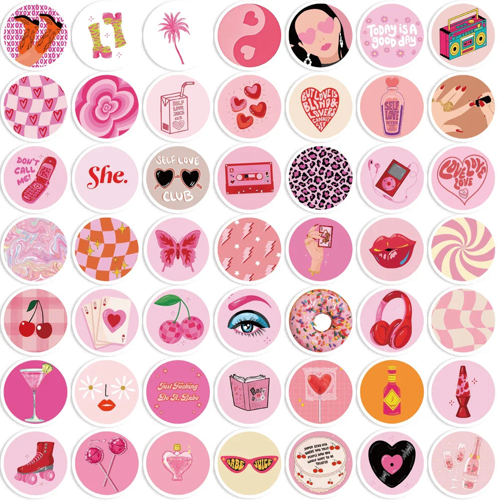 60pcs Pink American Groovy Stickers Aesthetic PVC School Stationery Children Sketchbook Diary Laptop Scrapbook Supplies for Kids (ONLINE ORDER ONLY)