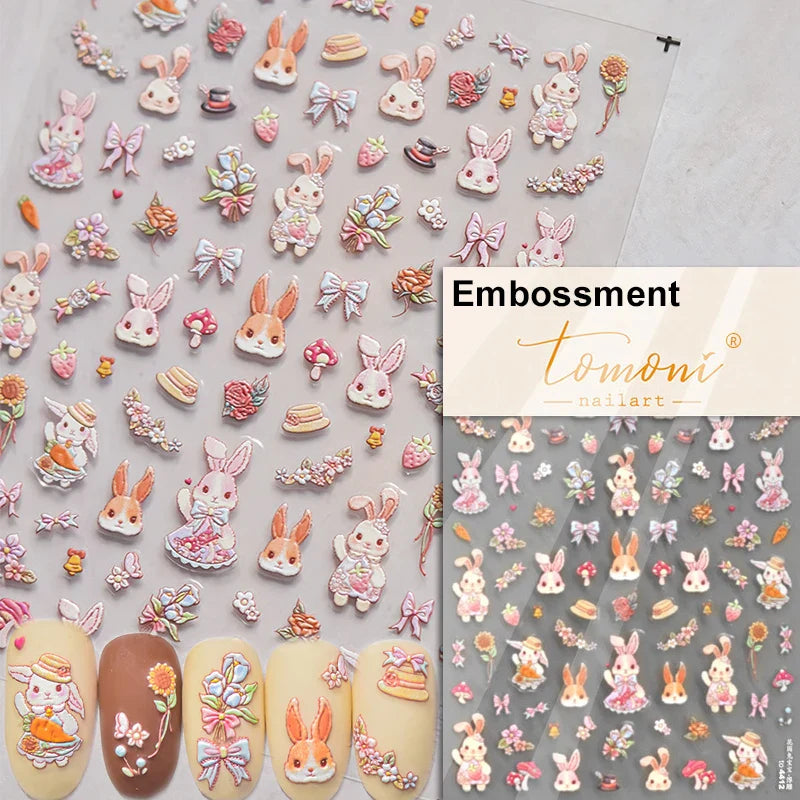 Pink Running Rabbit Bowknot Wreath Bunny Flower Tie Totem Pattern Self Adhesive Nail Art Sticker Pearl Rhinestone Manicure Decal (Online Order Only)