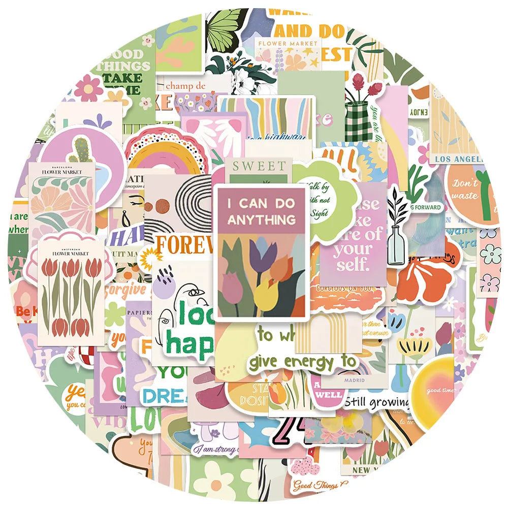 50/100pcs Aesthetic Flowers Stickers Cute Cartoon Danish Pastel Sticker For Luggage Laptop Guitar Phone Waterproof Vinyl Decals (ONLINE ORDER ONLY)