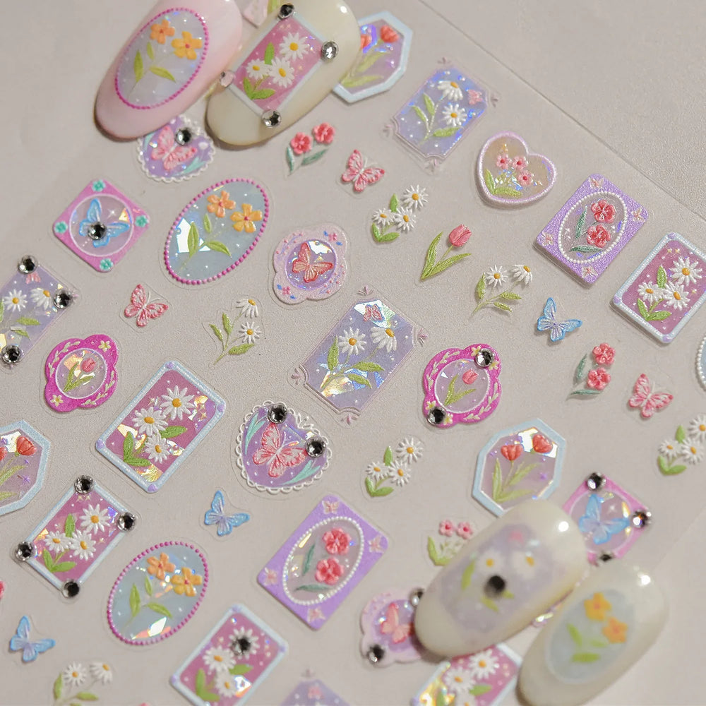 Retro Tulip Flowers Daisy Photo Frame Geometric Border Bowknot Butterfly Soft Relief Adhesive Nail Art Stickers Manicure Decals (ONLINE ORDER ONLY)