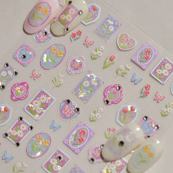 Retro Tulip Flowers Daisy Photo Frame Geometric Border Bowknot Butterfly Soft Relief Adhesive Nail Art Stickers Manicure Decals (ONLINE ORDER ONLY)