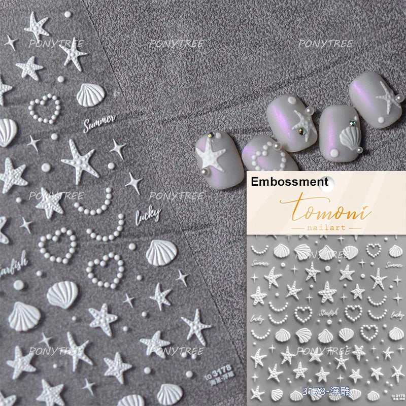 Pink Star Oceanic Shell Starfish Conch Bowknot Embossment Shiny Delicate 5D Chic Self Adhesive Nail Art Stickers Manicure Decals (Online Order Only)