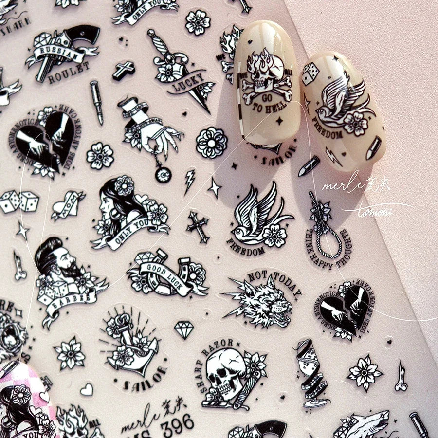 Retro Black Line Skull Man Woman 5D Embossed Relief Self Adhesive Nail Art Sticker Bear Bunny Hand Bird Horror 3D Manicure Decal (Online Order Only)