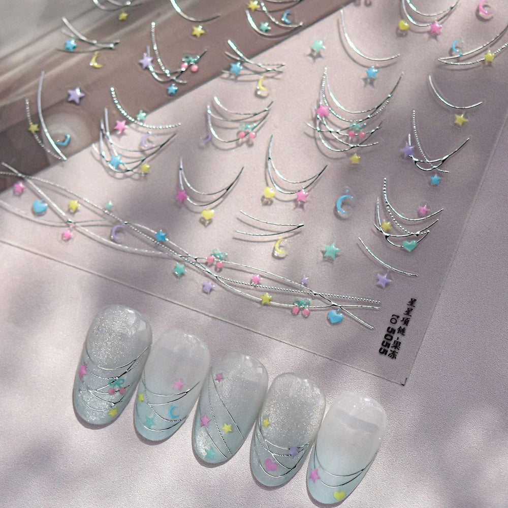 Colourful Star Moon Curved Line Arc Necklace Love Heart Hanging in The Air Starry Night Adhesive Nail Art Sticker Manicure Decal (Online Order Only)