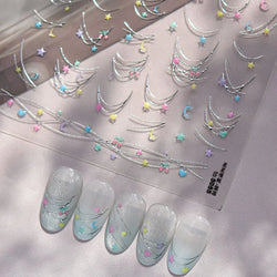 Colourful Star Moon Curved Line Arc Necklace Love Heart Hanging in The Air Starry Night Adhesive Nail Art Sticker Manicure Decal (Online Order Only)