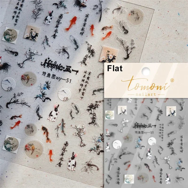 Red Azalea Rose Peony Crane Warbler Bird Fish Lily Chicken Rabbit Lobster Flower Retro Chinese Nail Art Sticker Decoration Decal (Online Order Only)