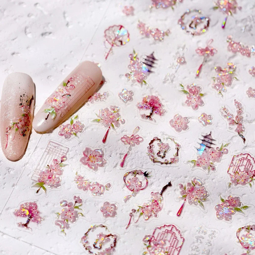 Romantic Pink Peach Blossom Tower Circular Fan Hollowed Window Tassel Pendant Antique Tree Chic Nail Art Stickers Manicure Decal (ONLINE ORDER ONLY)