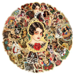 50/100Pcs Retro Old School Tattoo Style Sticker Refrigerator Skateboard Trolley Case Decals Backpack Tables Waterproof Sticker (Online Order Only)
