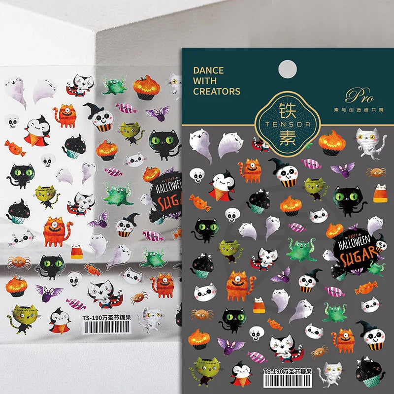 Halloween Ghost Pumpkin Bat Coffin Cat Spider Demon Jelly Self Adhesive Nail Art Sticker Terrifying Candy Candle Manicure Decals (ONLINE ORDER ONLY)
