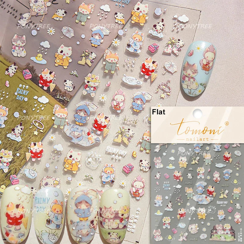 Cute Little Cat Colourful Flower Bowknot Umbrella Rain Boot Paintings Paper Boat Daisy Duckling Nail Art Sticker Manicure Decals (ONLINE ORDER ONLY)