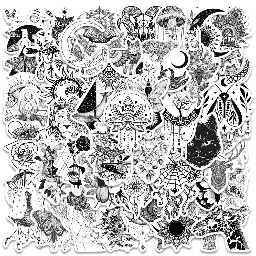 50pcs Black White Psychedelic Gothic Stickers Pack Stationery Laptop Phone Guitar Ipad Sticker DIY Scrapbooking Supplies (ONLINE ORDER ONLY)