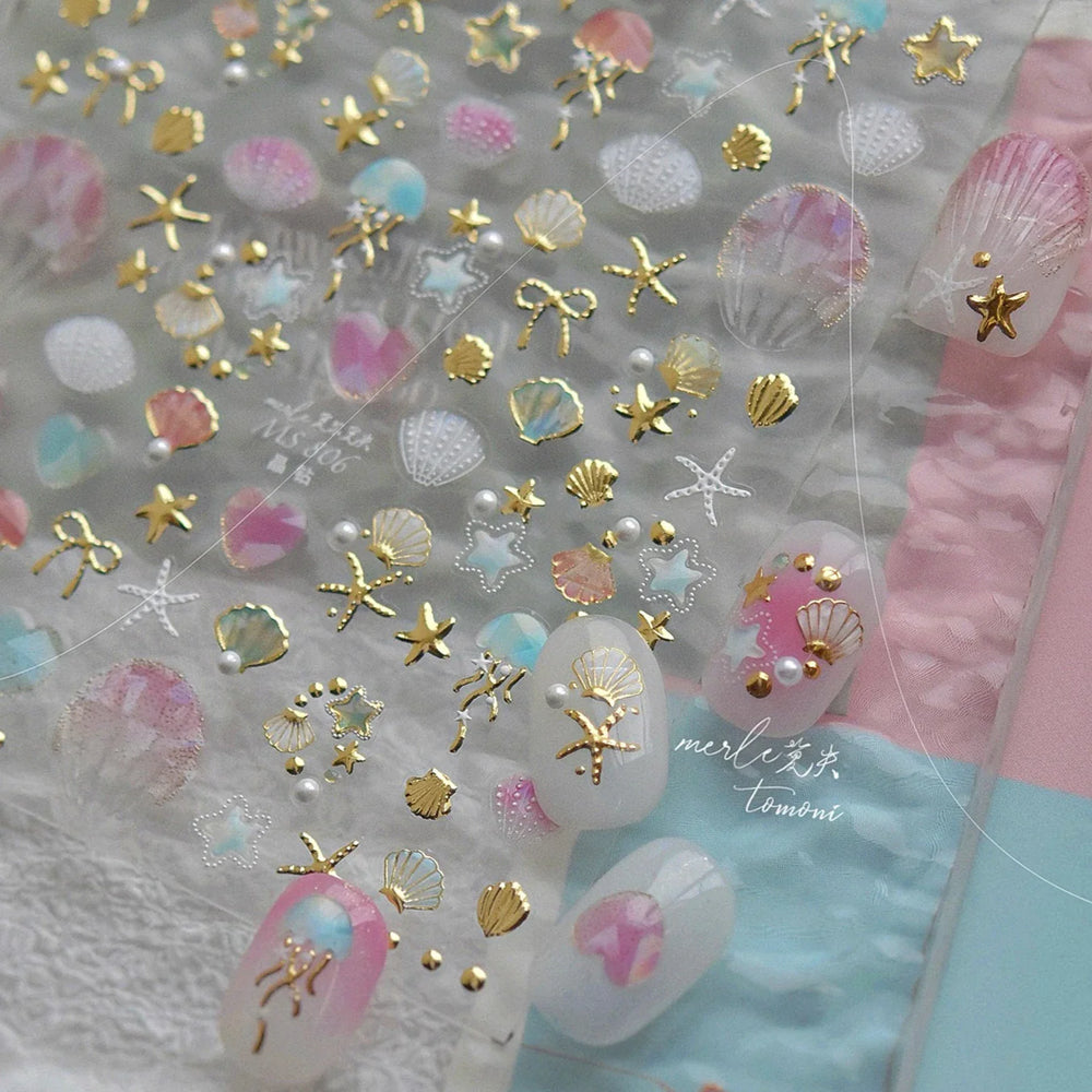 Dizzying Shell Coral Dolphin Starfish Heart Jellyfish Water Bubbles Ocean Adhesive Nail Art Decorations Stickers Manicure Decals (ONLINE ORDER ONLY)