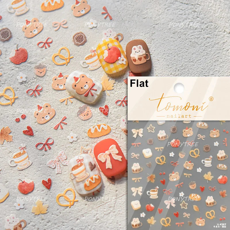 Lovely Bear Strawberry Cake Rose Flower Grid Block Bowknot Embossed Relief Self Adhesive Nail Art Sticker Cute 3D Manicure Decal (ONLINE ORDER ONLY)