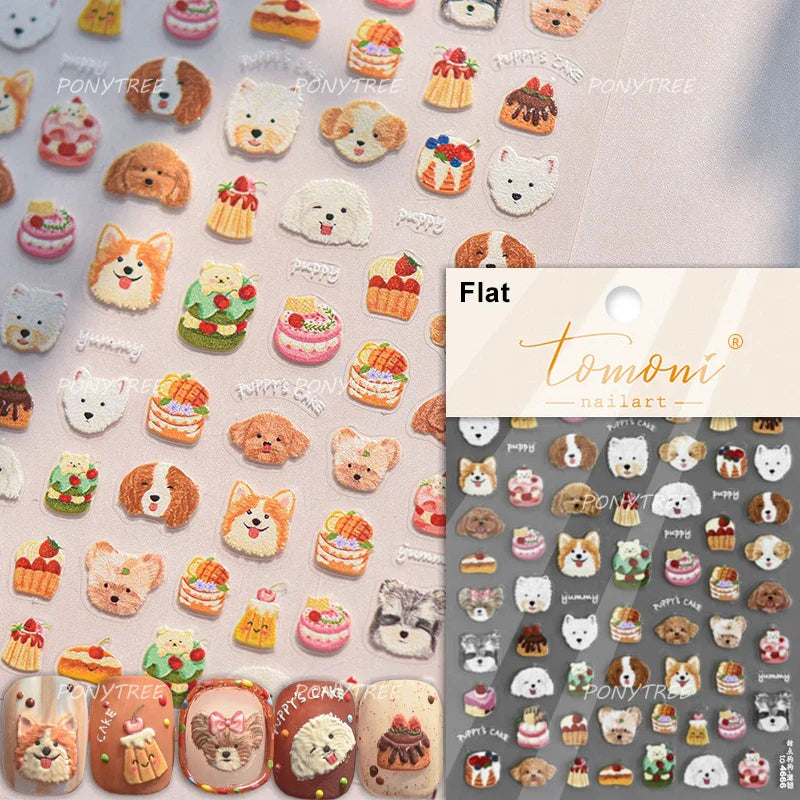 Lovely Dog Bone Bowknot Bread Graffiti Cake Cherry 3D Line Paw Adhesive Nail Art Stickers Cute Cartoon Manicure Decals Wholesale (ONLINE ORDER ONLY)