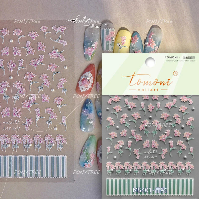Chic Lavender Tulip Flower Bowknot Totem Center Symmetric Pattern Daisy Line Gird Self Adhesive Nail Art Stickers Manicure Decal (ONLINE ORDER ONLY)