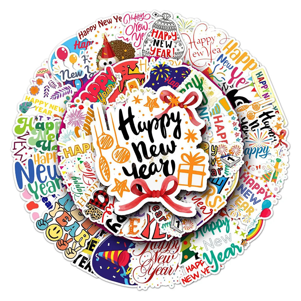 New Year Cartoon Stickers Pack - Laptop, Luggage, Skateboard Decals (ONLINE ORDER ONLY)