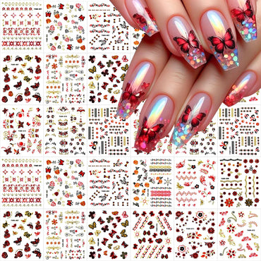 30Pcs/Set Red Golden 3D Nail Art Sticker Hot Stamping Hollow Decals Mixed Designs Adhesive Flower Nail Tips Letter Butterfly Set (Online Order Only)