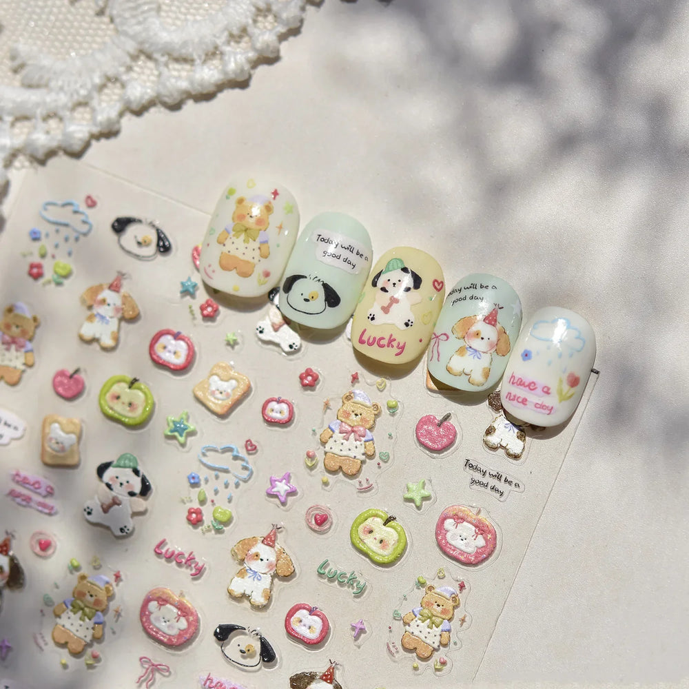 Cute Bear Star Dog Bowknot Love Heart Good Night Bone Bread Flower Self Adhesive Nail Art Decorations Stickers Manicure Decals (Online Order Only)