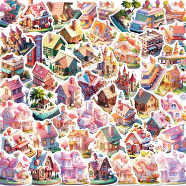 3D Cartoon Castle Cabin Stickers - Waterproof DIY Decals for Laptop, Phone, Cup (10/25/50PCS) (Online Order Only)