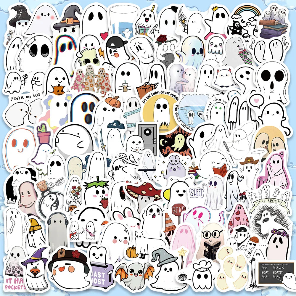 Kawaii Ghost Halloween Stickers 50/100pcs Waterproof Cartoon Graffiti for Notebook Guitar Skateboard DIY Gift (Online Order Only)