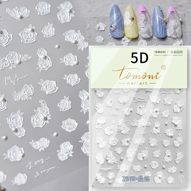 Pale Flower Bouquet Label Bowknot Stationery Sunflower Daisy Leaf 3D Self Adhesive Nail Art Stickers Rhinestone Manicure Decals (Online Order Only)