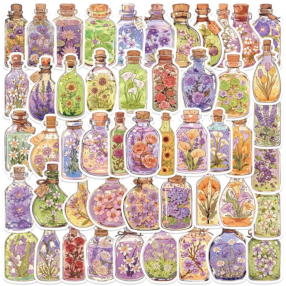 50pcs Aesthetic Cute Cartoon Glass Bottle Flowers Stickers For Luggage Guitar Laptop Phone Waterproof Graffiti Vinyl Decals (ONLINE ORDER ONLY)