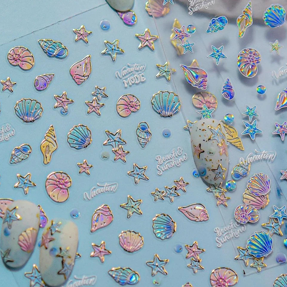 Shiny Colourful Marine Shell Starfish Ocean Elements Star Water Bubbles Star Conch Underwater Nail Art Stickers Manicure Decals (ONLINE ORDER ONLY)