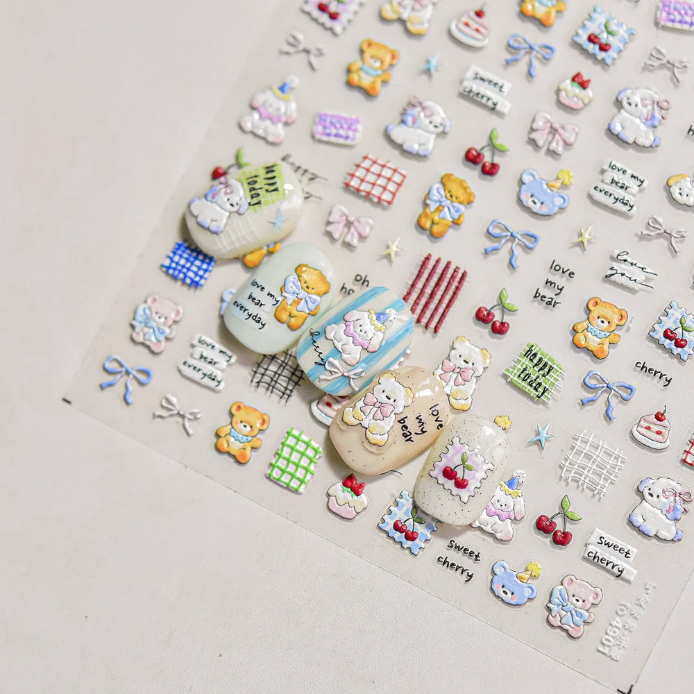 Cute Animals Bear Dog Cake Sweet Cherry Grid Bowknot Star Line Fruit Relief Self Adhesive Nail Art Stickers 3D Manicure Decals (ONLINE ORDER ONLY)