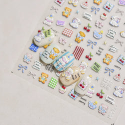 Cute Animals Bear Dog Cake Sweet Cherry Grid Bowknot Star Line Fruit Relief Self Adhesive Nail Art Stickers 3D Manicure Decals (ONLINE ORDER ONLY)