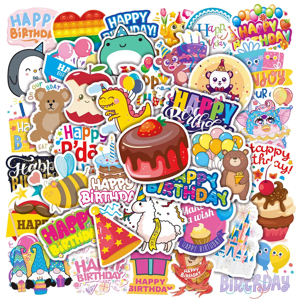 50pcs Cartoon Birthday Graffiti Stickers for Helmet, Wall, Desktop Decoration (ONLINE ORDER ONLY)