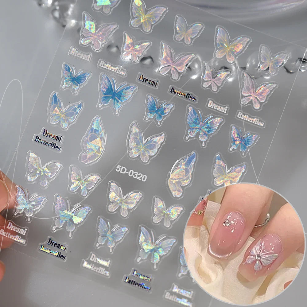 1pc Aurora Butterfly Nail Stickers Pink Butterfly Shell Light Beam Angel Wings Sliders Fairy Light & Lively Translucent Nail Dec (ONLINE ORDER ONLY)