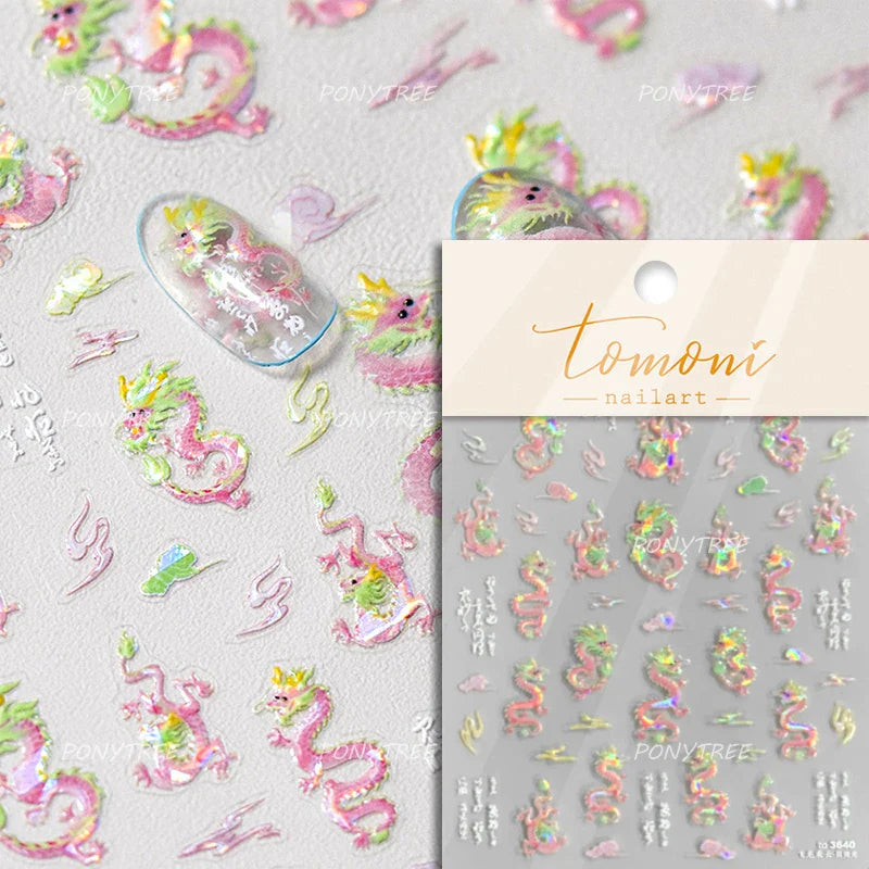 Chinese Dragon Auspicious Beast Mythological Legend Noble Loong Blue Pink Soft Relief Adhesive Nail Art Sticker Manicure Decals (ONLINE ORDER ONLY)