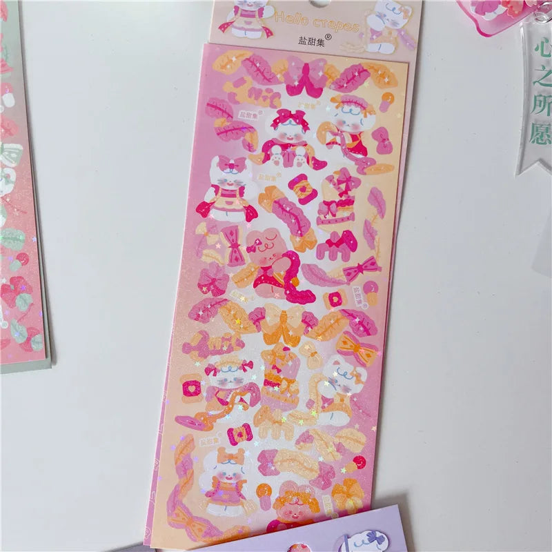 6/8pcs Kawaii Ribbon Rabbit Decorative Sticker Set Girls Scrapbooking Idol Card DIY Diary Album Collage Material Korean Stickers (ONLINE ORDER ONLY)