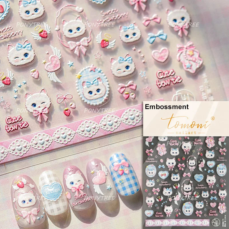 Picnic Cat Kitten Bowknot Flower Fish Butterfly Tree Mushroom Star Moon Cat's Paw Adhesive Nail Art Sticker Cute Manicure Decals (Online Order Only)