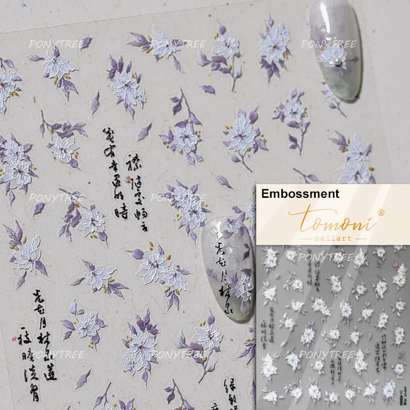 Wet Garden White Flower Leaves Elegant Beautiful Petal Delicate 5D 3D Charming Spring Adhesive Nail Art Stickers Manicure Decals (ONLINE ORDER ONLY)